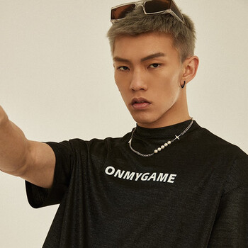 omg潮牌 小高领夏季薄款休闲高端休闲修身百搭运动男士短袖t恤 黑色 m