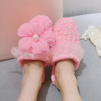 泡芙花手工编织拖鞋diy材料自制成品毛线冬季保暖珍珠 粉色拖鞋材料包