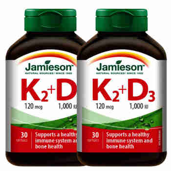 加拿大直邮健美生Jamieson维生素K2(MK7)+维生素D3助青少年成长缓中老年骨质疏松 30粒 2瓶