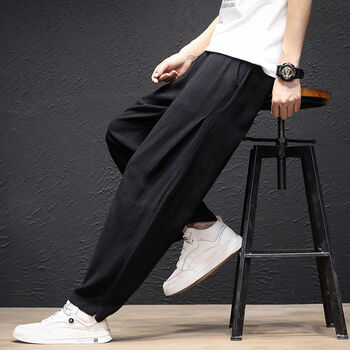 休闲长裤男春秋季宽松亚麻裤薄款透气棉麻直筒裤风潮牌男士裤子 黑色