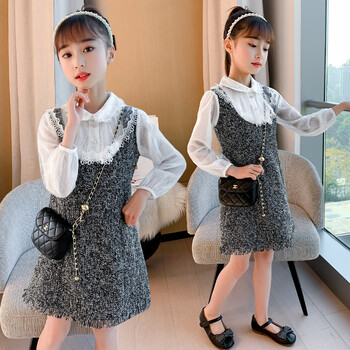 裙子春秋装新款秋季韩版中大童小女孩衣服时尚学生装蕾丝假两件公主裙