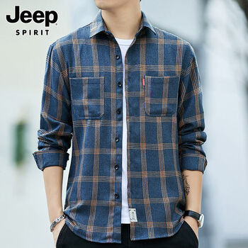 吉普(jeep)春夏季衬衫男士春季新款休闲外套潮流宽松帅气长袖格子衬衣