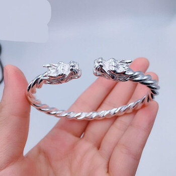 老凤凰 999足银麻花双龙头银手镯 男女情侣款霸气个性龙形开口银镯子
