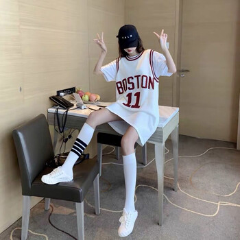 篮球服假两件篮球服球衣女假两件短袖t恤长款夏季2021新款宽松韩版