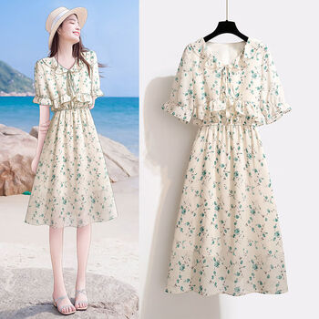 碎花裙子女夏装2022新款娃娃领法式茶歇温柔雪纺连衣裙 绿色小碎花 l