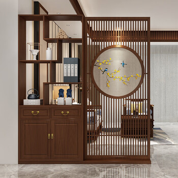 辉导 玄关柜现代轻奢新中式实木刺绣餐厅置物架玄关装饰双面屏风隔断