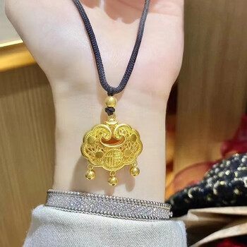 周大福999硬金520情人节福锁吊坠金锁吊坠金珠编绳项链本命年红绳长命