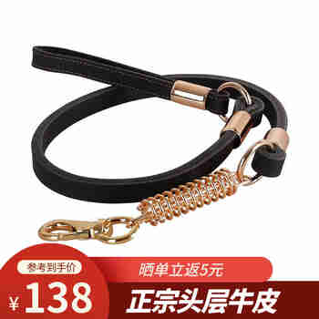 AYOUA狗狗牵引绳大型犬狗链子狗项圈狗绳子双层牛皮金毛拉布拉多遛狗绳 黑色+防爆冲弹簧 牵引绳加中型项圈套装