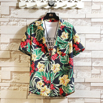 北极绒夏威夷衬衣短袖花衬衫男夏季沙滩中国风印花青年休闲复古潮流