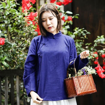 女装奶奶婆婆村姑斜大襟外套春夏秋款古装汉服 藏蓝色优质细棉麻上衣