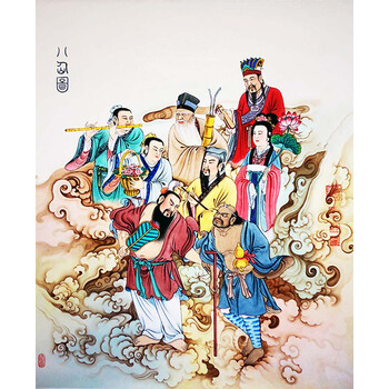 八仙图道教神像挂画 八仙过海画像丝绸卷轴画 装饰画可定制 c款 70*