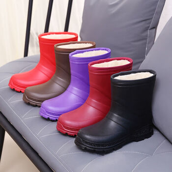 女软底防滑耐磨户外保暖中筒水鞋冬季厨房工作鞋钓鱼胶鞋加厚棉雨鞋