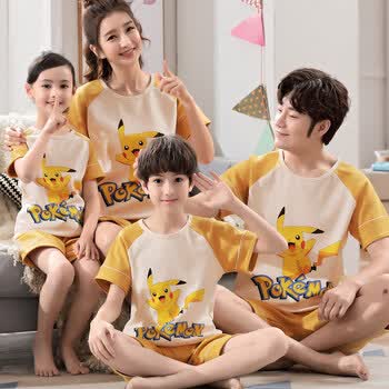 口春夏季纯棉短袖卡通男童宝宝儿童家居服女童家庭套装 qd2251皮卡丘