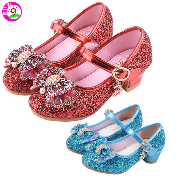 女童单鞋闪亮蝴蝶结高跟鞋女孩水晶鞋公主鞋儿童皮鞋舞蹈鞋子 粉色 26