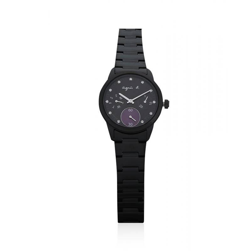 agnes b. 阿尼亚斯贝 奢侈品黑色水钻饰女士石英腕表