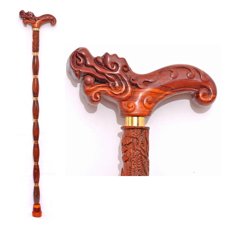 雕刻龙凤寿星拐杖 重阳节礼品祝寿贺礼 中秋节送老人 红酸枝 凤头拐杖