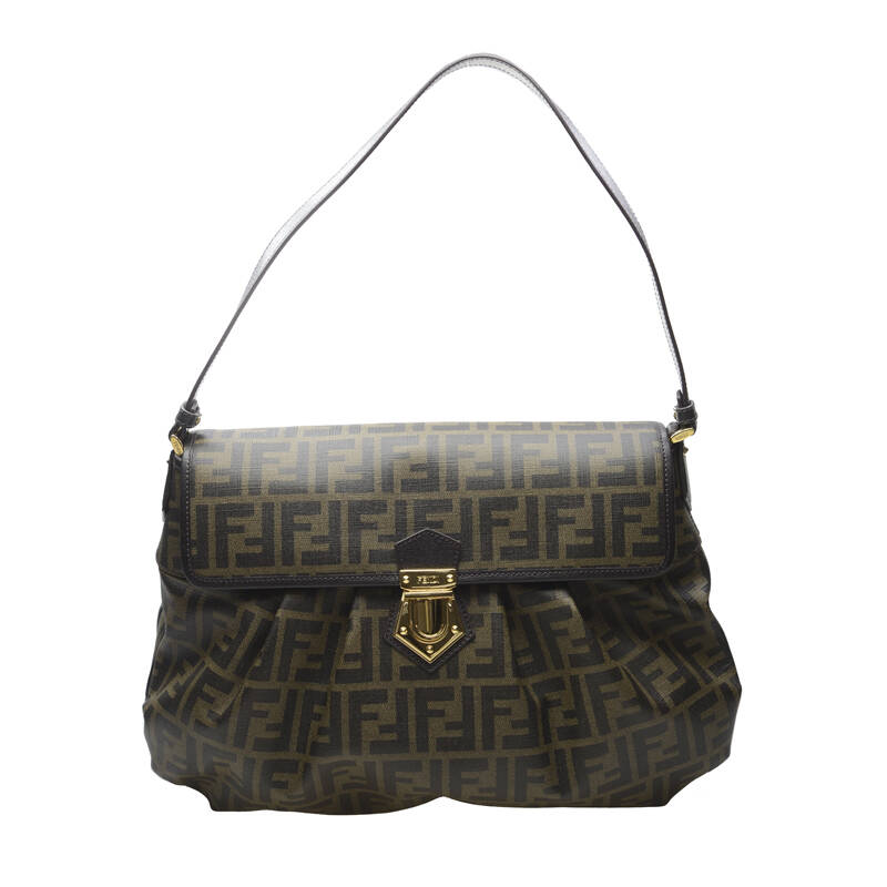 fendi芬迪女包 女士pvc啡色时尚f标志印花翻盖单肩包8br673