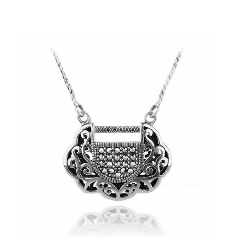 迈姿 泰国老银匠复古925纯银项链吊坠 泰银套链 女款长命锁