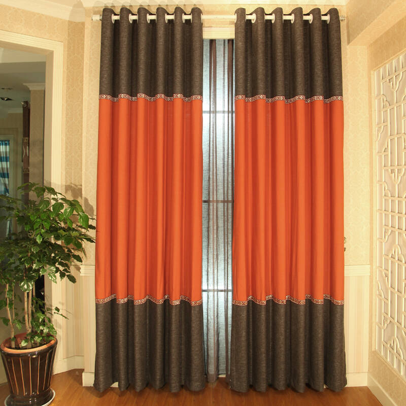 三郎君 棉麻拼接高档卧室窗帘窗纱 橙色 4.5米宽*2.0米高打孔加工