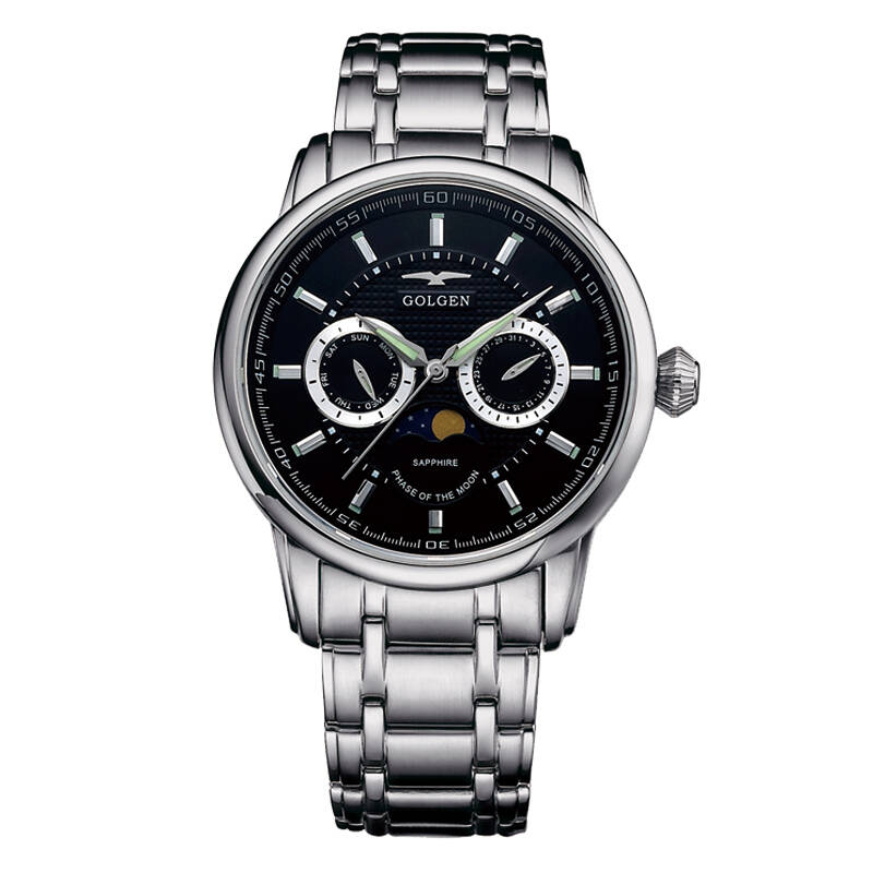 古尊golgen月相石英表运动休闲系列男士手表男表黑面钢带9068m
