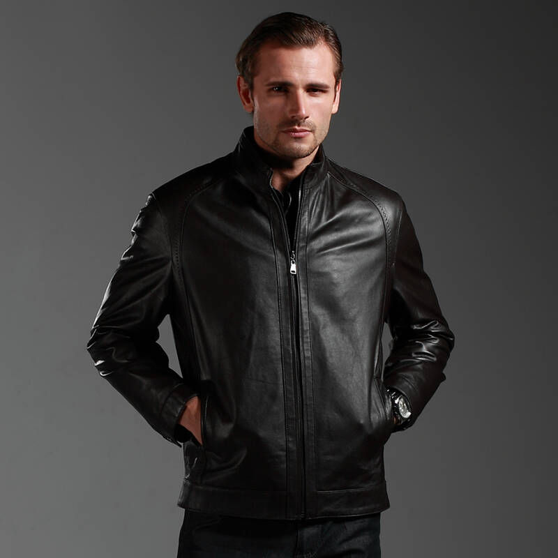 真皮风尚绵羊皮光面男士弓针高端工艺舒适真皮男款真皮皮衣 黑色夹棉