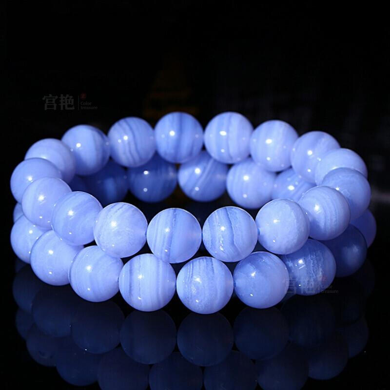 蓝纹玛瑙手链女送朋友蓝色水晶手饰送女友闺蜜送客户单圈蓝纹玉髓手串