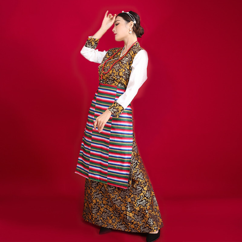 藏装女西藏服新款藏族服装拉萨服民族风藏式博拉舞蹈裙旅拍藏服龙纹黄