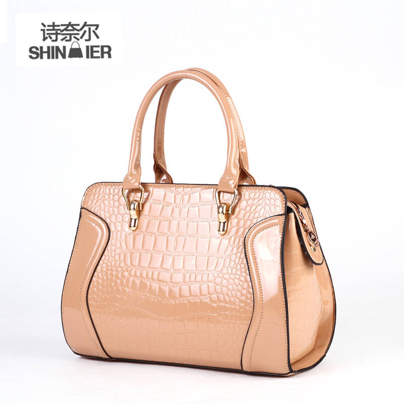 诗奈尔shinaier新款热卖漆皮鳄鱼纹单肩斜跨女士包包n109 卡其色 大包
