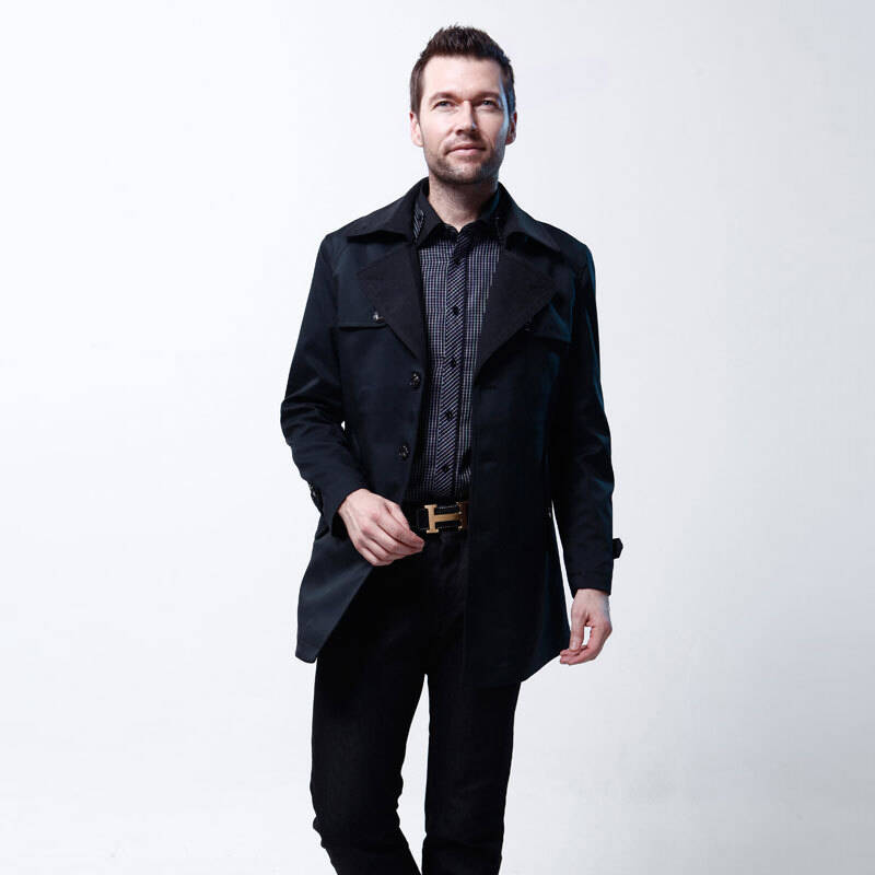 奔迈benmai男士中长款风衣修身西装领拼接款单排扣男装风衣q-02 芷青