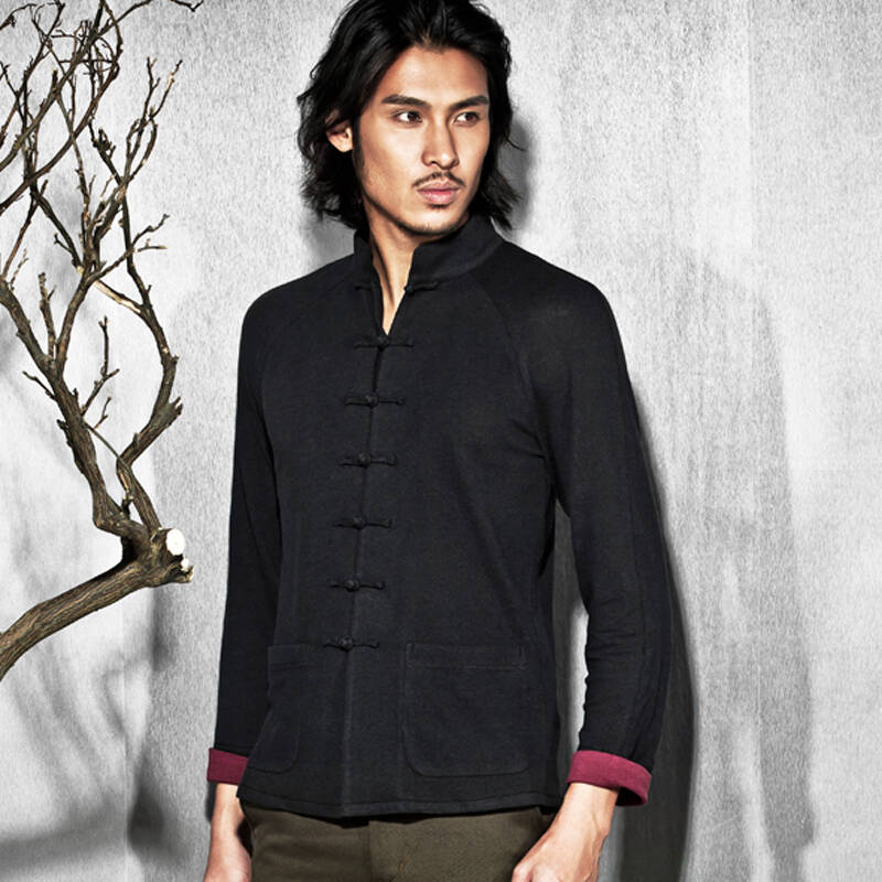 柒唐中国风秋款新装外套 棉麻针织唐装长袖上衣 立领修身民族风男装