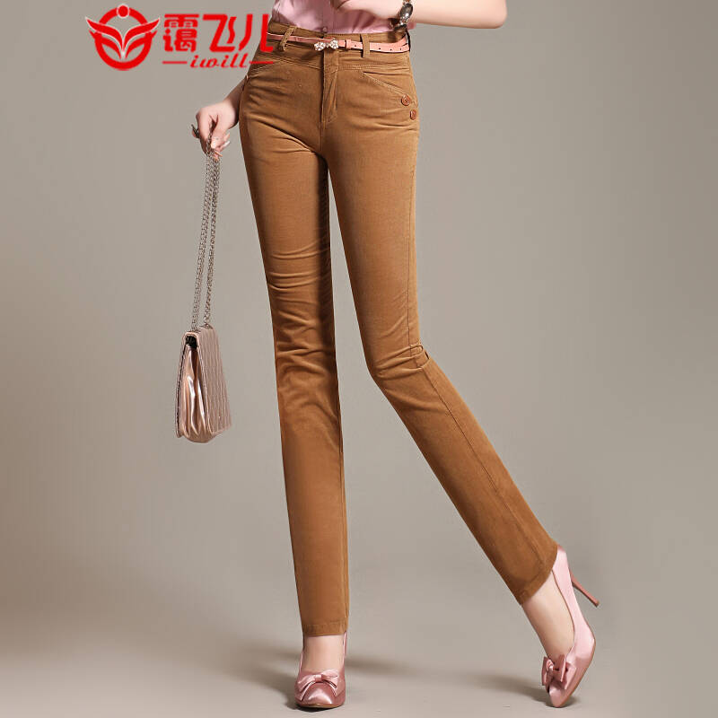 霭飞儿2014秋款灯芯绒女裤高腰弹力显瘦纯棉薄款直筒裤女长裤 卡其色