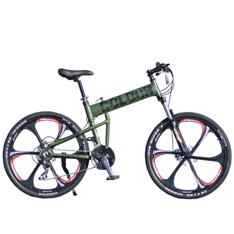 骑彩山地自行车 21速24速27速折叠山地车双碟刹铝合金路虎一体轮 军