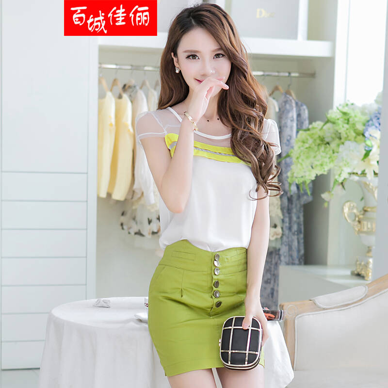 百城佳俪2014夏季新款时尚女装清凉网纱包臀两件套 连衣裙 图片色 l