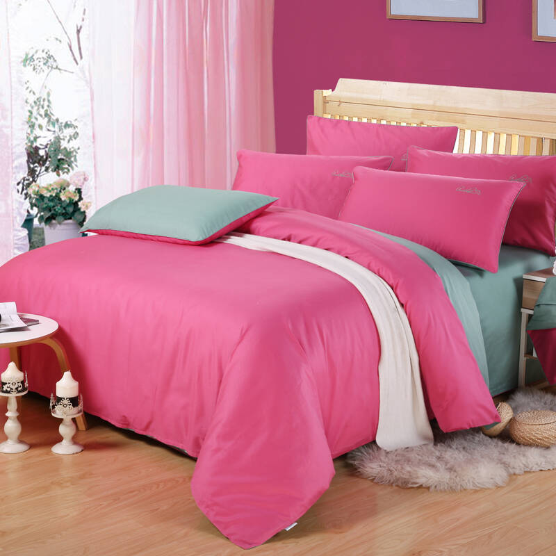 美国花雨伞家纺 全棉活性贡缎素色双拼耐磨四件套纯棉床品套件 胭脂冰