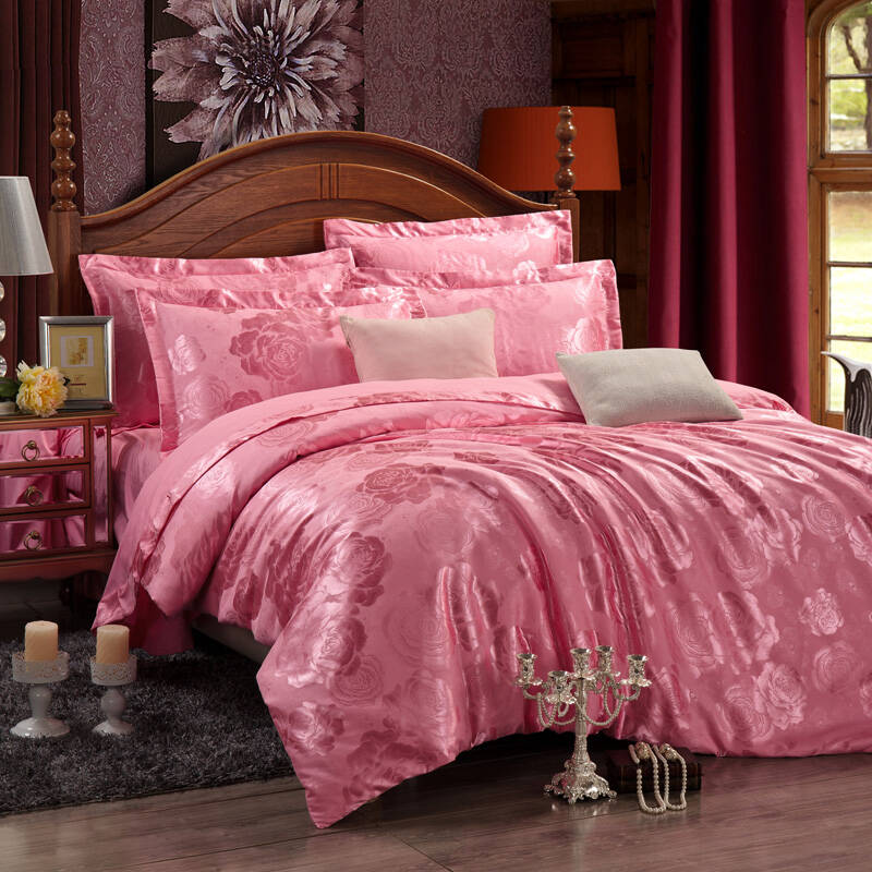 小绵羊家纺高级宫廷贡缎活性提花仿丝棉全棉四件套 爱意浓浓-玉色 1.