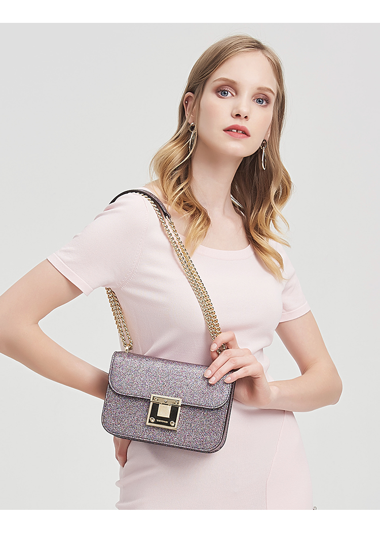 卡思乐(cassile)牛皮小方包女包时尚闪亮皮单肩挎包精美锁扣链条斜