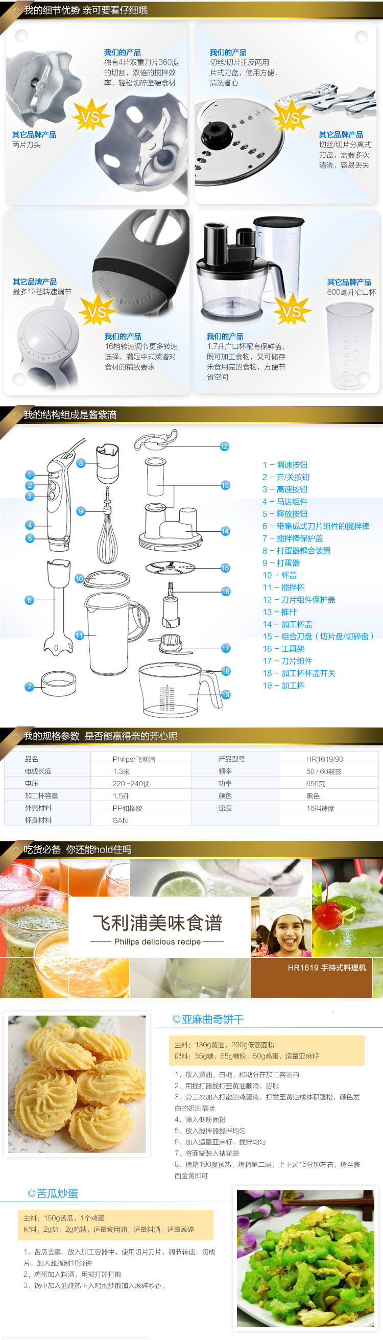 
                                        飞利浦（PHILIPS）料理机 HR1619/90 手持式料理机搅拌机大容量多配件                