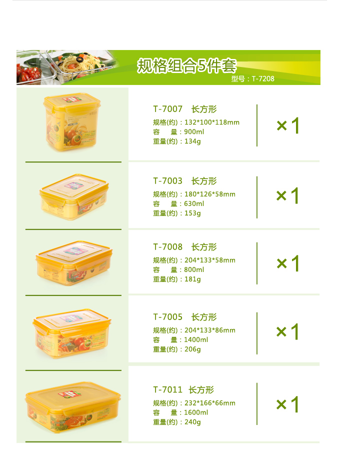 泰福高tafuco 纳米银抗菌保鲜盒密封储物盒5件套装t-7208