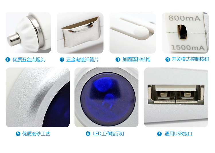 奥舒尔 800MA/1500MA可调节枪形车载充电器 六合一伸缩线 EC14
