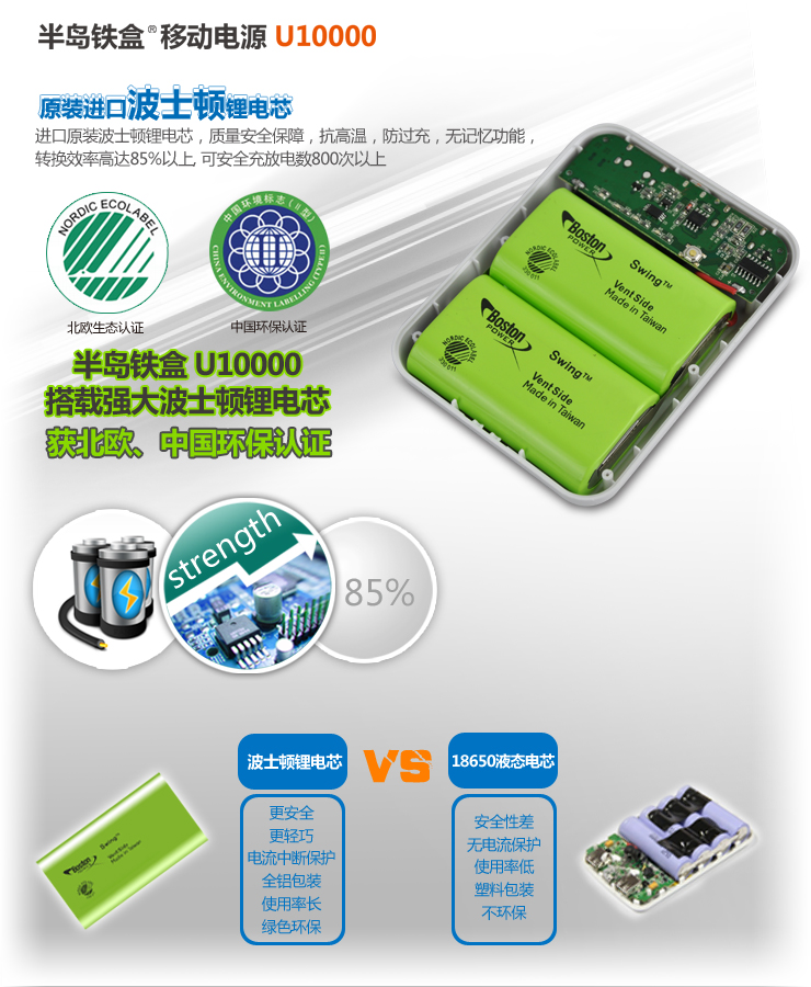 
                                        半岛铁盒 U10000 智能10600毫安移动电源充电宝 原装进口高能动力波士顿电芯 象牙白                
