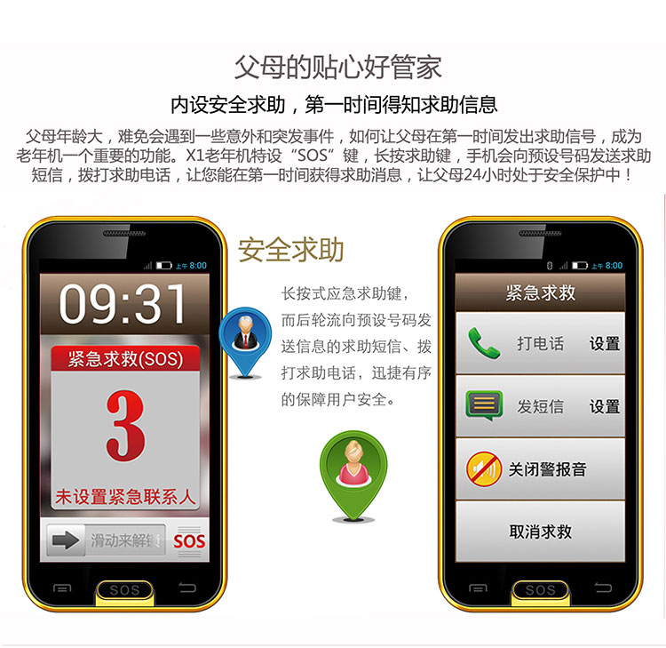 派信(PISIN) 爱久久 XD-X1 移动3G智能老人手机 双卡双待 健康黑