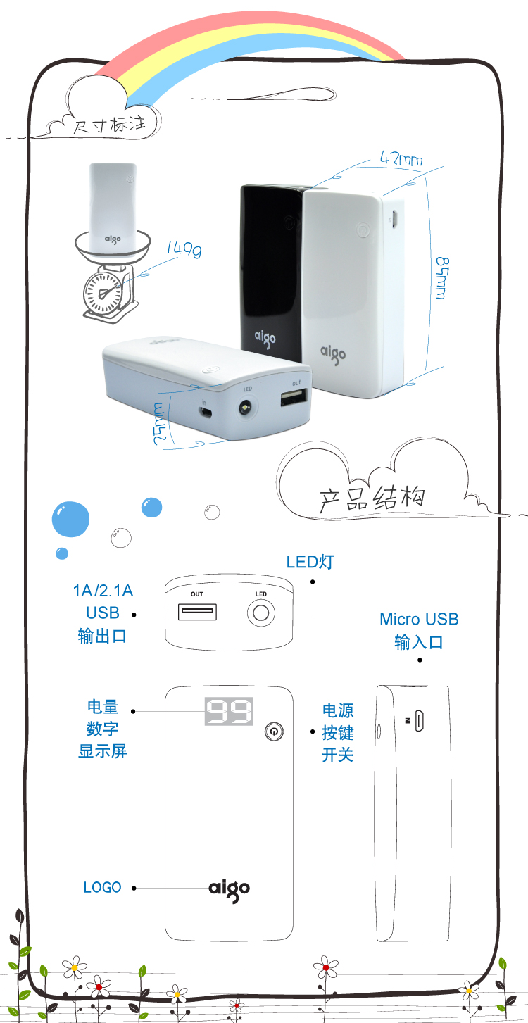 aigo 7000毫安 FB7000 蓝色 数字显示 小巧便携 聚合物移动电源/充电宝  