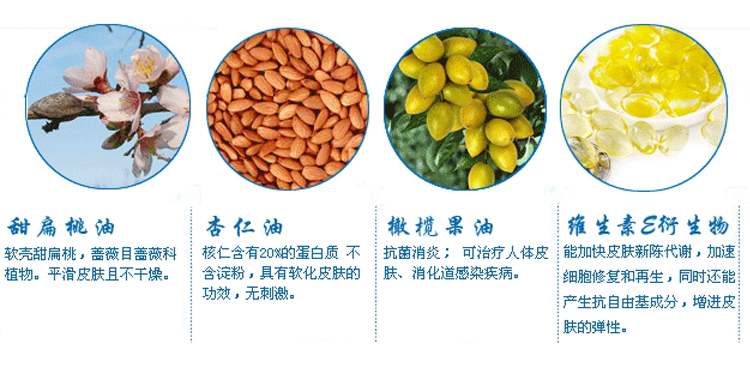 产品成分:甜扁桃油,平滑肌肤且不干燥.杏仁油,有