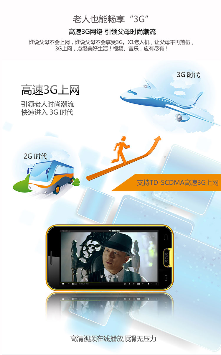 派信(PISIN) 爱久久 XD-X1 移动3G智能老人手机 双卡双待 健康黑
