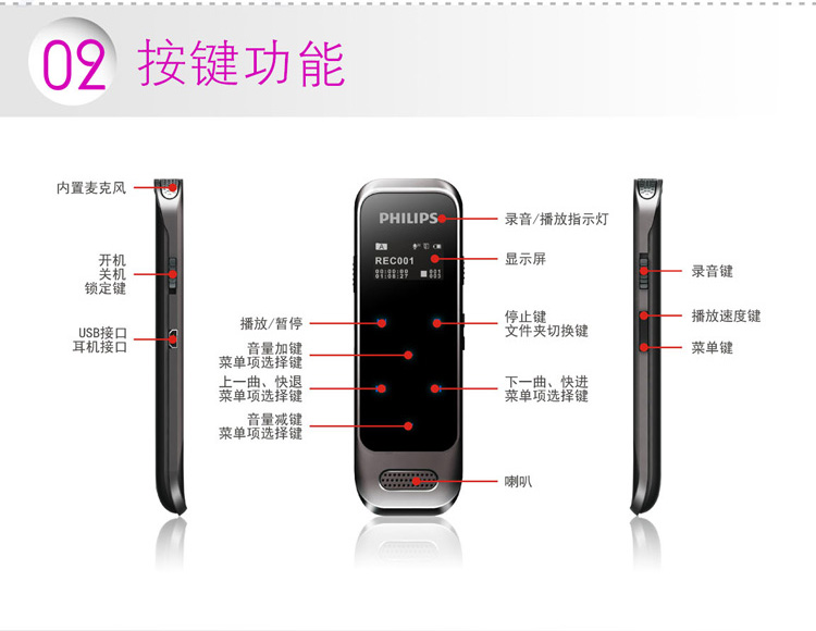 
                                                                                飞利浦（PHILIPS）VTR6600 8GB 学习记录 高清触摸数字降噪录音笔 锖色                