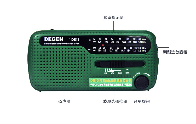 德劲(degen) de13 调频/中波/短波 应急/环保节能多功能收音机 手摇