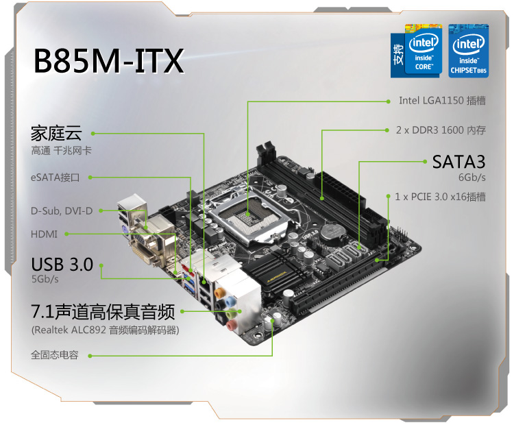 华擎(asrock b85m-itx 主板(intel b85/lga 1150)