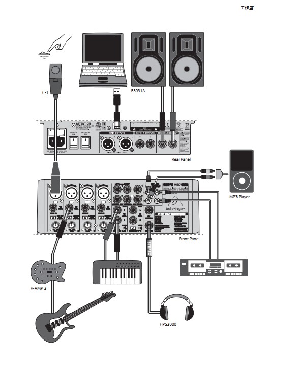 usb/界面优质摸拟调音台,英国式3频段均衡, 16种录音棚级效果处理器