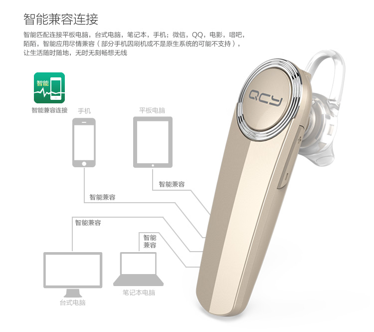 
                                        QCY Q8 单耳版 商务 蓝牙耳机 蓝牙4.1 耳机/耳麦 支持双声道 耳挂式 通用 无线耳机 黑色                
