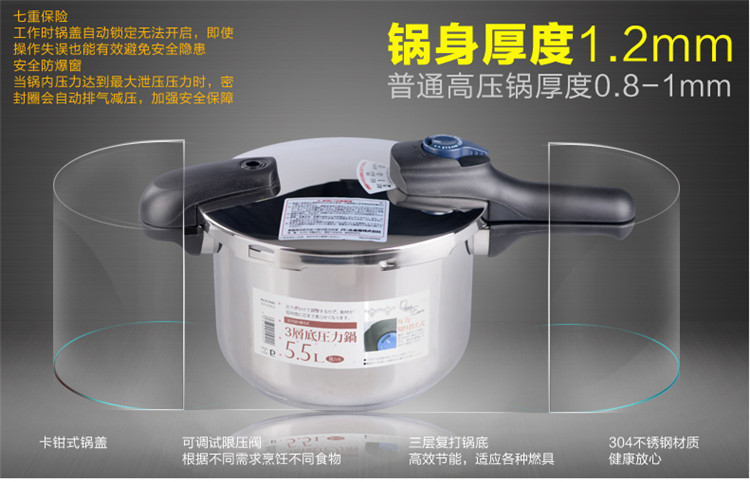 LB力巴铁 22CM（5.5L）电磁炉通用复合底不锈钢压力锅G-C5500S